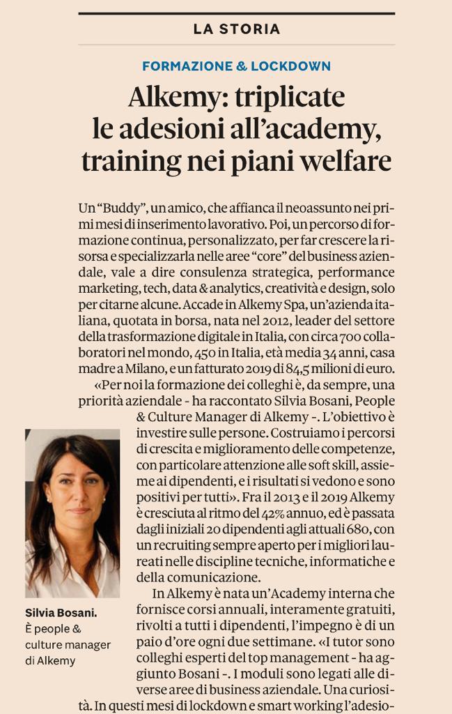 <a href="/SilviaBosani/">Silvia Bosani</a> People &amp; Culture manager, racconta al <a href="/sole24ore/">IlSole24ORE</a> la #formazione in Alkemy: "Offriamo un pacchetto a 360°. #Training e #Welfare sono essenziali: un buon ambiente di lavoro e un percorso professionale stimolante fanno la differenza anche in termini di produttività"