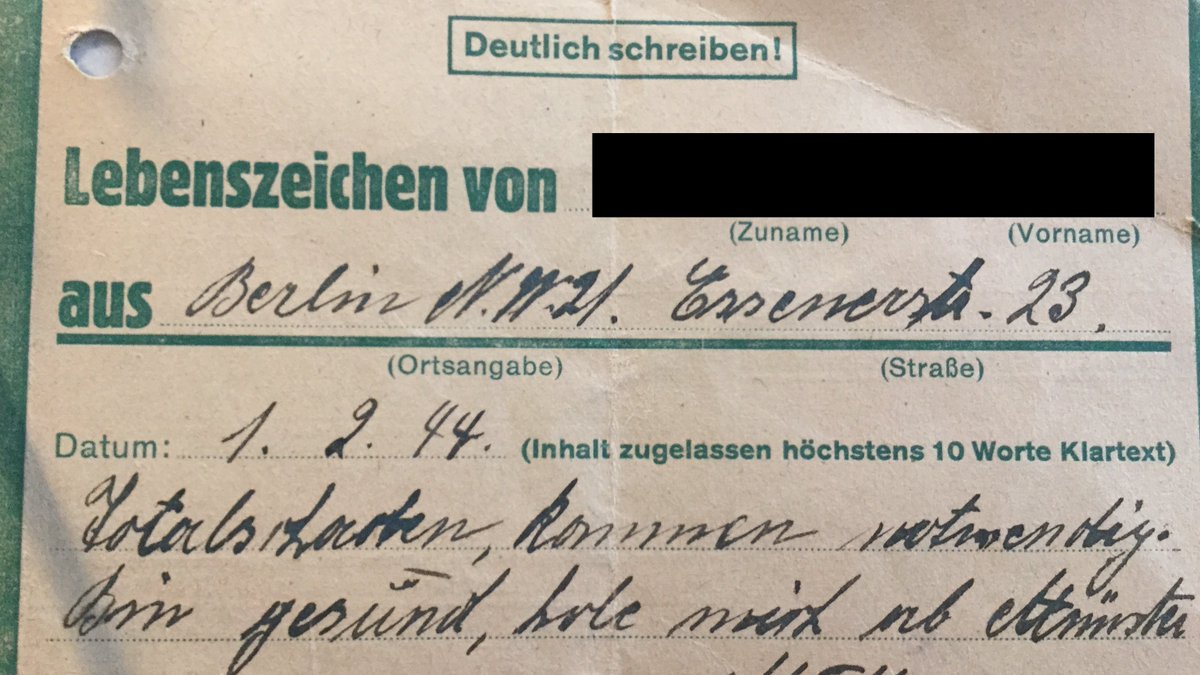 The message was from her mother to let her know that she was safe after a particularly heavy RAF bombing raid on Berlin (where the family were based). The raid took place on the night of 28/29 January 1944, when nearly 700 Lancaster & Halifax bombers laid the capital to waste