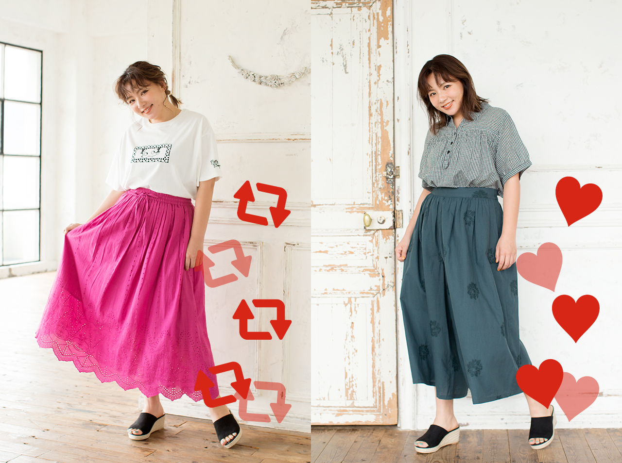 Twitter 上的 アベイル しまむらグループ コーディネート対決 野呂佳代 Kayopone ちゃん着用 きれいめカラーコーデ対決 ビビッドピンクのスカートが鮮やか グリーン系で統一して爽やかに 左 リツイート 右 いいね アベイル 今を着る 夏