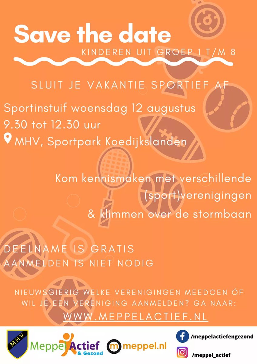 meppel_actief's tweet photo. Save the date!

Op woensdag 12 augustus organiseert Meppel Actief &amp; Gezond een sportinstuif voor kinderen uit groep 1 t/m 8 op Sportpark Koedijkslanden bij de Meppeler Hockey Vereniging.

Momenteel zijn we druk bezig met het voorbereiden hiervan. 

#sportinstuif #meppel https://t.co/X42vsNYZiF