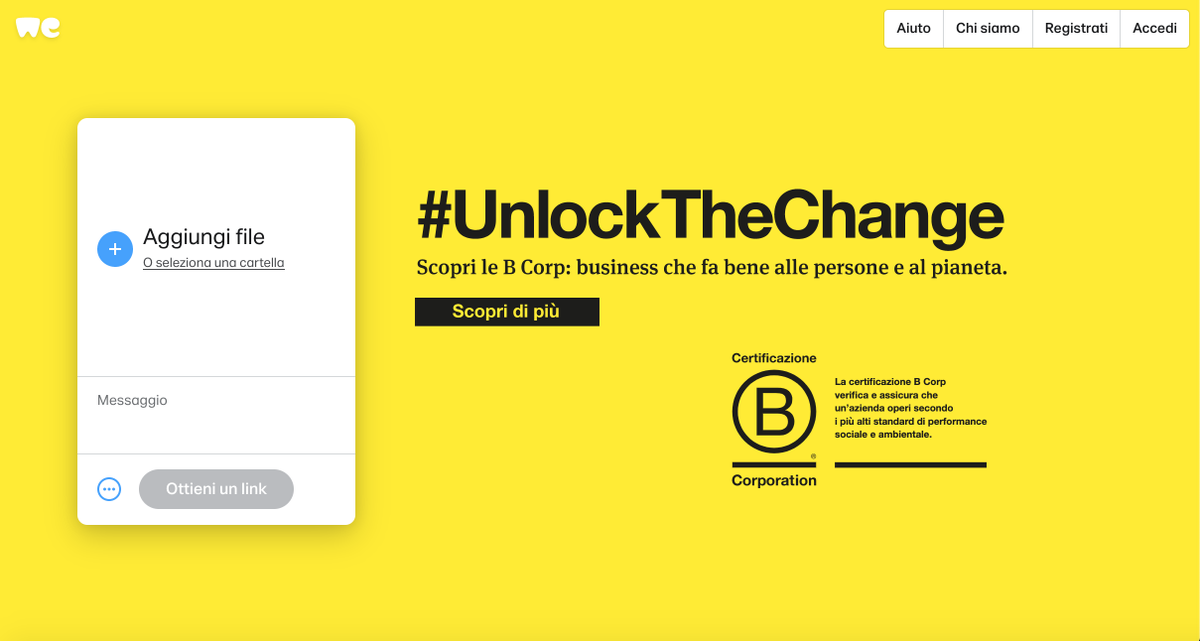 BCorpItalia's tweet photo. La campagna #UnlocktheChange arriva sulle pagine della neo B Corp WeTransfer!!
Da oggi al 4 Agosto usa questo link per condividere i file con colleghi e amici: https://t.co/x8vykjJusC
Insieme...sblocchiamo il cambiamento!
#unlockthechange #BCorp #TimetoB https://t.co/zzvwZkOdOK