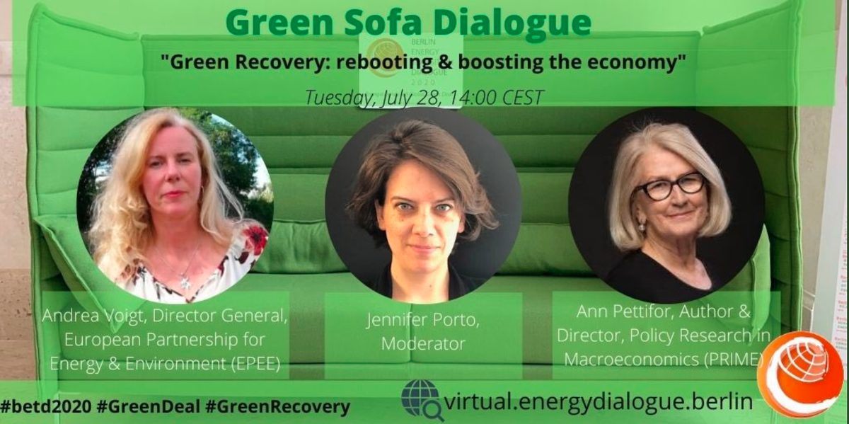 On July 28th, 14:00 CEST, the 3rd #betd2020 Green Sofa Dialogue takes place! @jxporto will sit down with @AnnPettifor & our Andrea Voigt @AndreaVoigt2305 to discuss how #GreenRecovery can reboot & boost the #economy. Tune in!
#betd2020 #JointheDialogue #womenonly #GreenDeal