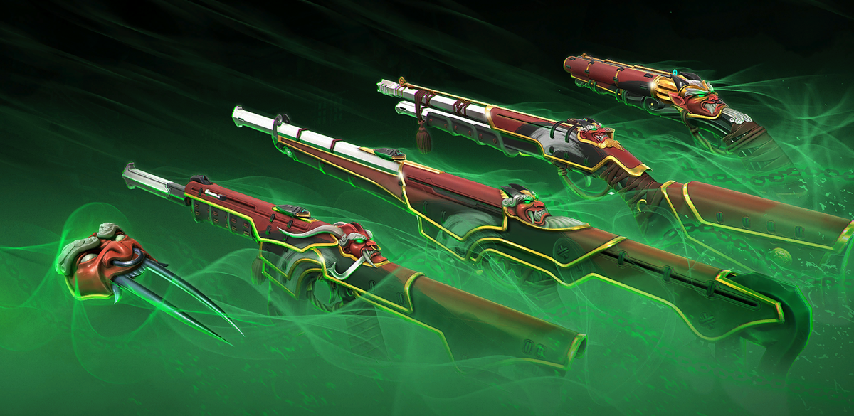 ValorINTEL's tweet photo. The Oni weapon collection coming to #VALORANT is 🔥

- Melee
- Phantom
- Guardian
- Shorty
- Bucky https://t.co/cX3wyQ0zDN