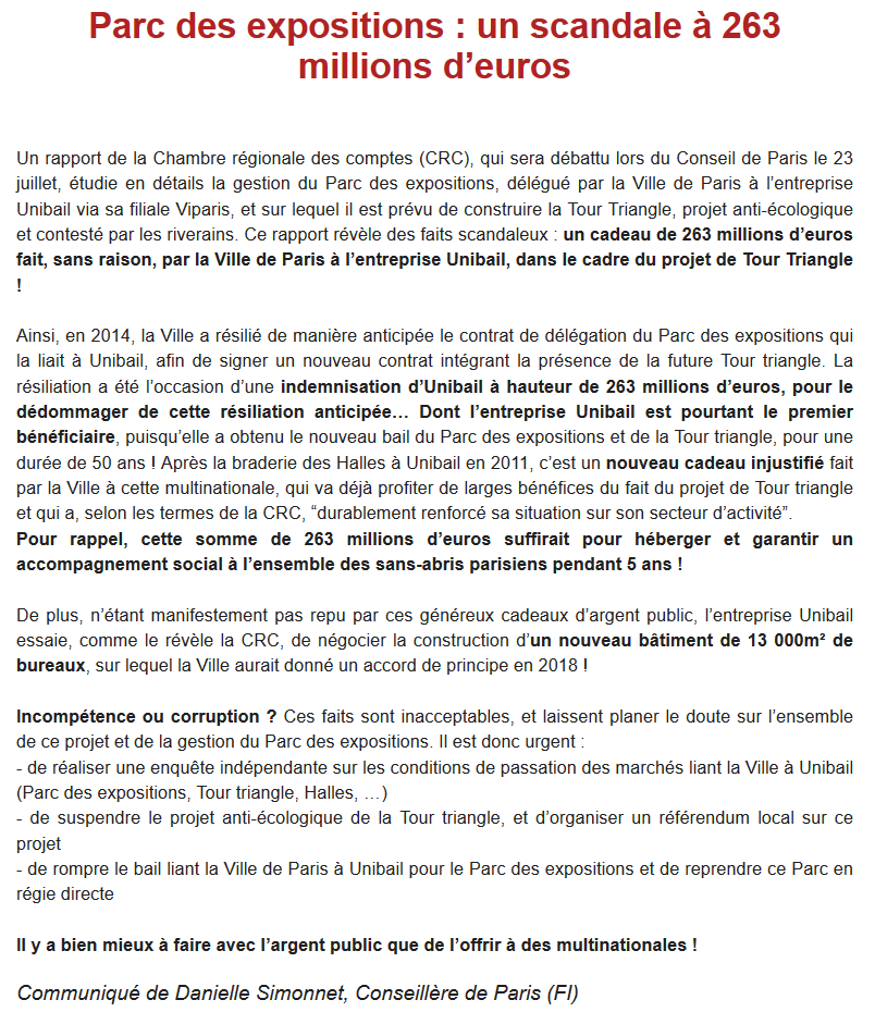 Parc des expositions : un scandale à 263 millions d’euros

Je dénonce le cadeau complètement injustifié de 263 millions d'euros par la Ville de Paris à Unibail ! #ConseildeParis
daniellesimonnet.fr/parc-expositio…