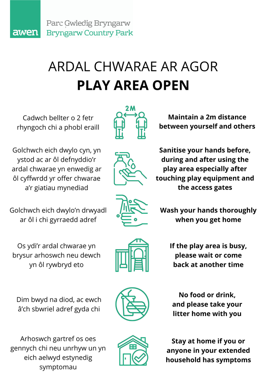 The children’s #playground or #outdoor #gym equipment at Bryngarw Country #Park, which have been closed to reduce the spread of #COVID19, are now open again. Please 
follow the safety guidelines: bit.ly/2OIHBYk