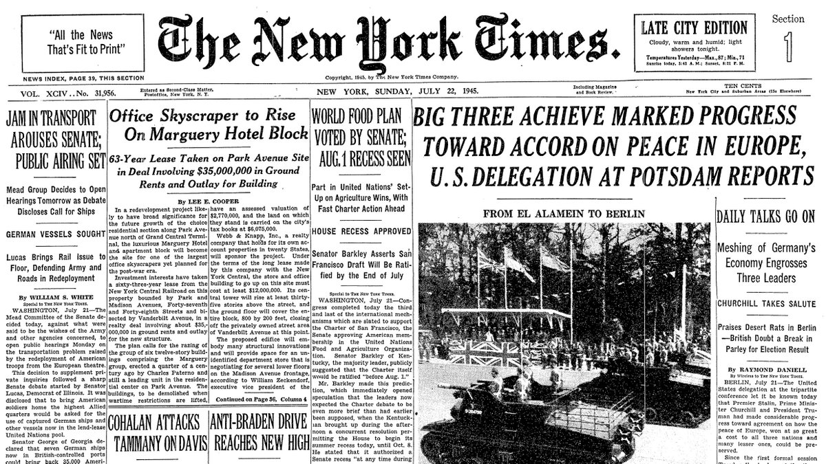 July 22, 1945: Big Three Achieve Marked Progress Toward Accord on Peace in Europe, U.S. Delegation at Potsdam Reports  https://nyti.ms/39gndY4 