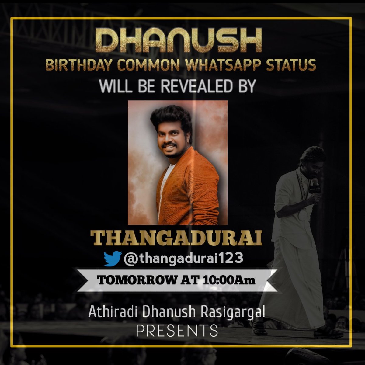 Dhanushramana3's tweet photo. @dhanushkraja 37th Birthday #commonwhatsappstatus Video Will Be Revealed By "அது இது எது" புகழ் Actor @thangadurai123 Brother On Tomorrow at 10am
Stay Tuned D bloods ❤️ https://t.co/GEO0WrLVvv