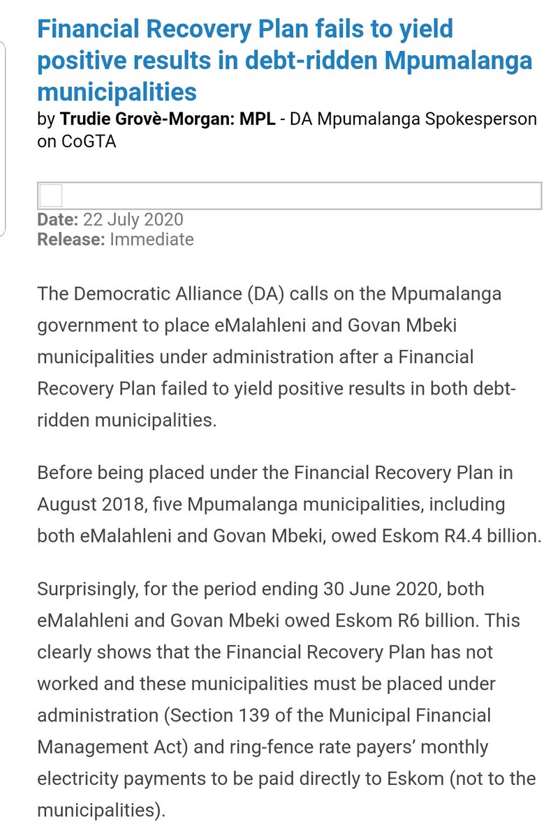 DA_Mpumalanga's tweet photo. "The  DA calls on the Mpumalanga government to place eMalahleni and Govan Mbeki municipalities under administration after a Financial Recovery Plan failed to yield positive results in both debt-ridden municipalities." Trudie Grove Morgan @Chanellel https://t.co/KMVLR4i2Gz