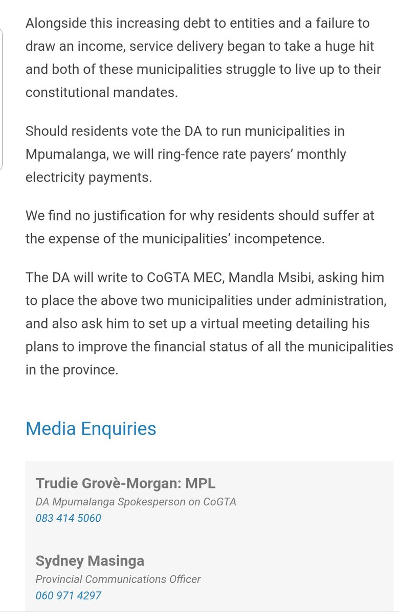 DA_Mpumalanga's tweet photo. "The  DA calls on the Mpumalanga government to place eMalahleni and Govan Mbeki municipalities under administration after a Financial Recovery Plan failed to yield positive results in both debt-ridden municipalities." Trudie Grove Morgan @Chanellel https://t.co/KMVLR4i2Gz