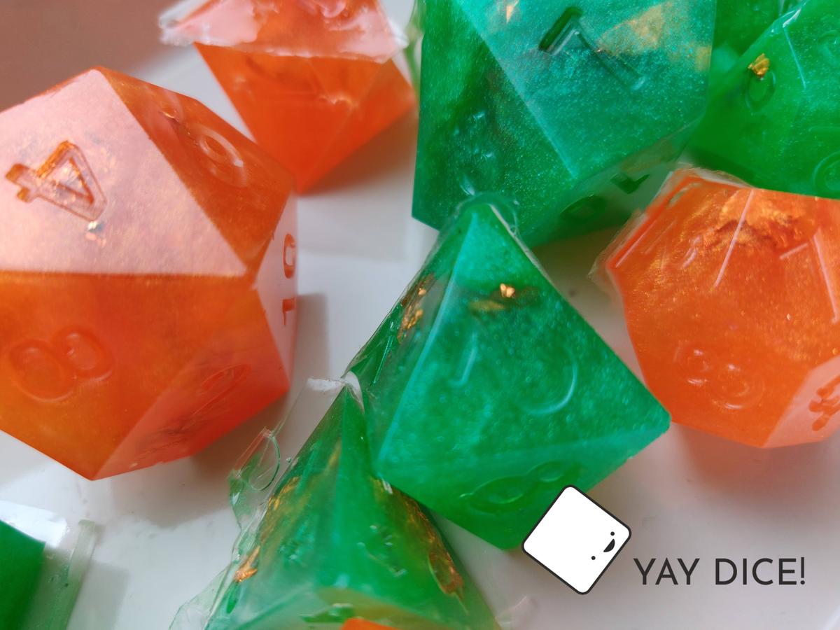 DiceYay's tweet photo. We've been working hard at some custom orders recently and so happy at how they're coming out - these are just out the molds &amp; pre-sanded, but look how pretty &amp; sparkly! Thanks to our customers for their gorgeous &amp; creative design requests 🎛🔥✨💚 #YayDice #NayDiceYayDice #Dice https://t.co/R8T0Hd8XmS