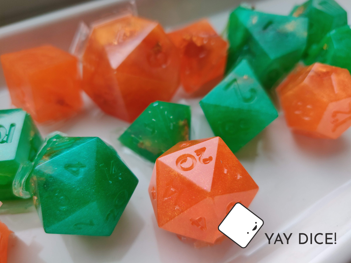We've been working hard at some custom orders recently and so happy at how they're coming out - these are just out the molds &amp; pre-sanded, but look how pretty &amp; sparkly! Thanks to our customers for their gorgeous &amp; creative design requests 🎛🔥✨💚 #YayDice #NayDiceYayDice #Dice