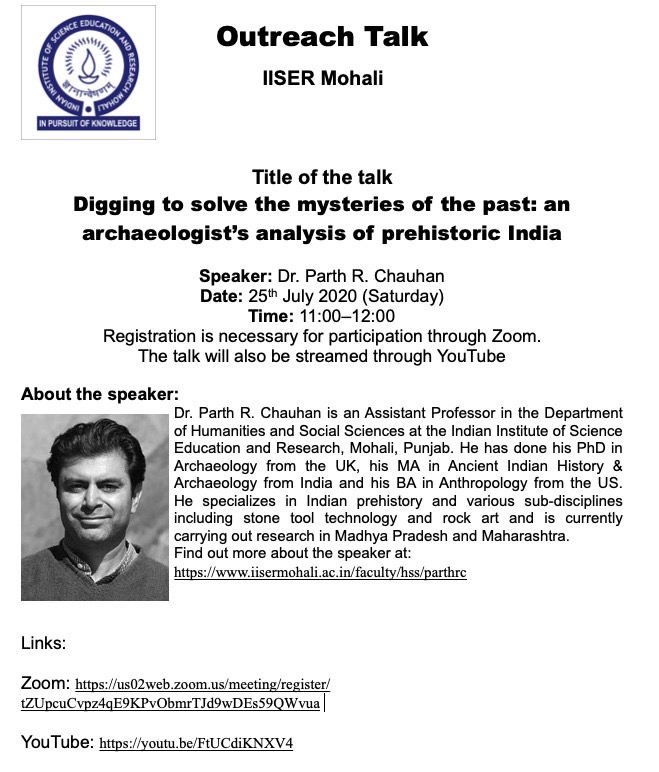 IiserMohali's tweet photo. Listen to an archaeologist’s analysis of prehistoric India- Talk by Dr. Parth R. Chauhan, Dept. of Humanities &amp; Social Science. Registration is necessary for participation through zoom. 
Links: 

Zoom: https://t.co/tK4INI7SRe

YouTube: https://t.co/pDjr89mQyq https://t.co/UgT5IuEy6Y