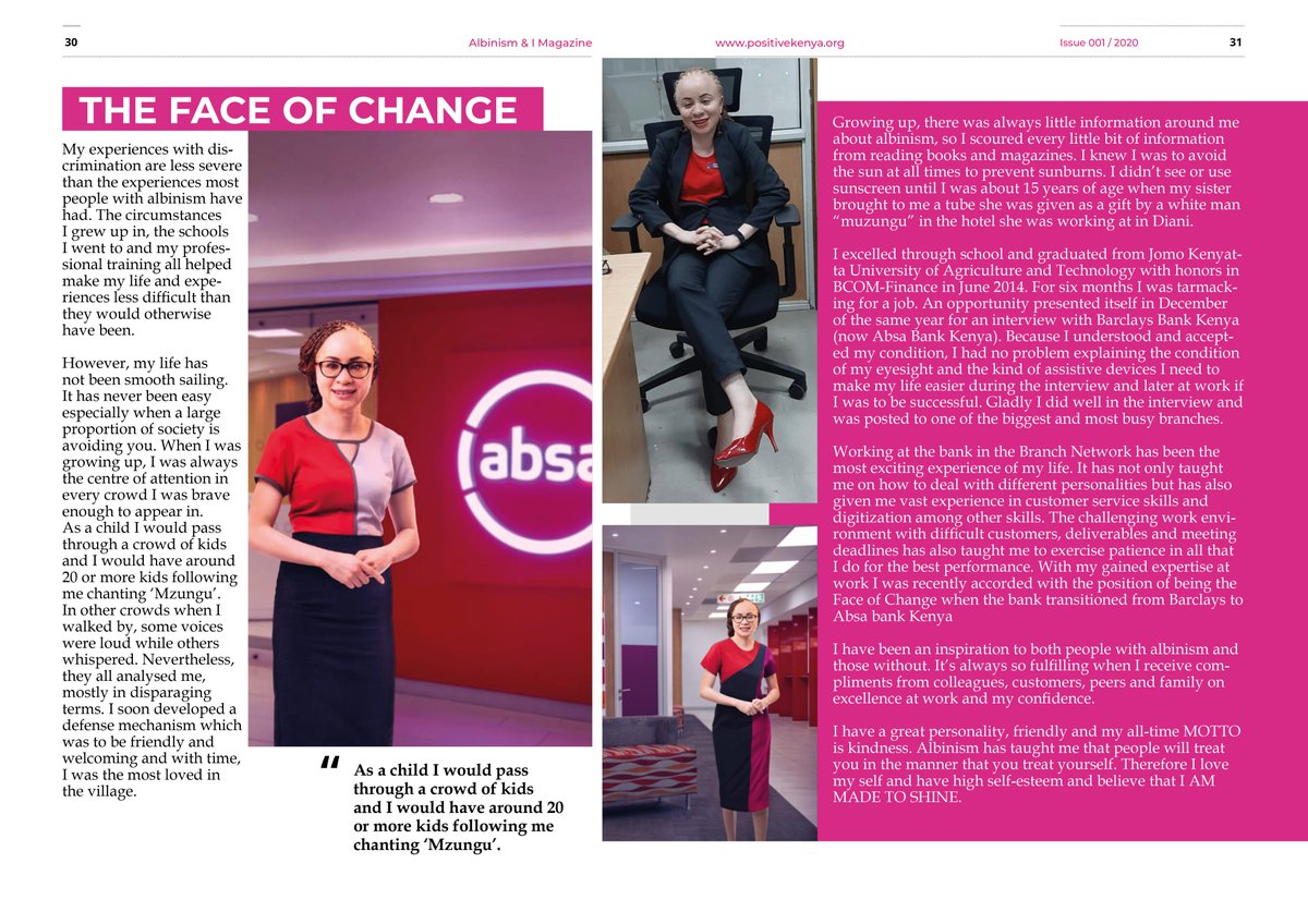 "As a child i would pass through a crowd of kids and i would have 20 or more kids following me chanting 'mzungu'." Leonida tells her story to the first ever ALBINISM &amp; I Magazine.
#OwnYourStory #AlbinismIsHumanism #MakingMoreHealth #ChangingTheNarrative