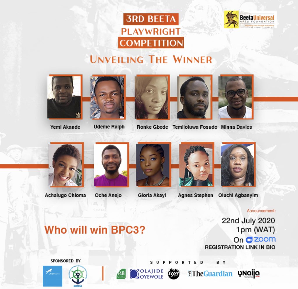 bikiyaGD's tweet photo. 442 entries, 30 States and Diaspora, 10 Finalists and 1 Winner. Who will win the 3rd Beeta Playwright Competition? @igalaman @OfficialEgoBoyo @PaperworthBooks @kennethuphopho @PeterNwagbogu #AhmedYerima #AyoJaiyesimi #beetaplawrightcompetition #bpc3 #beetauniversalartsfoundation https://t.co/lIXDdDSIlo