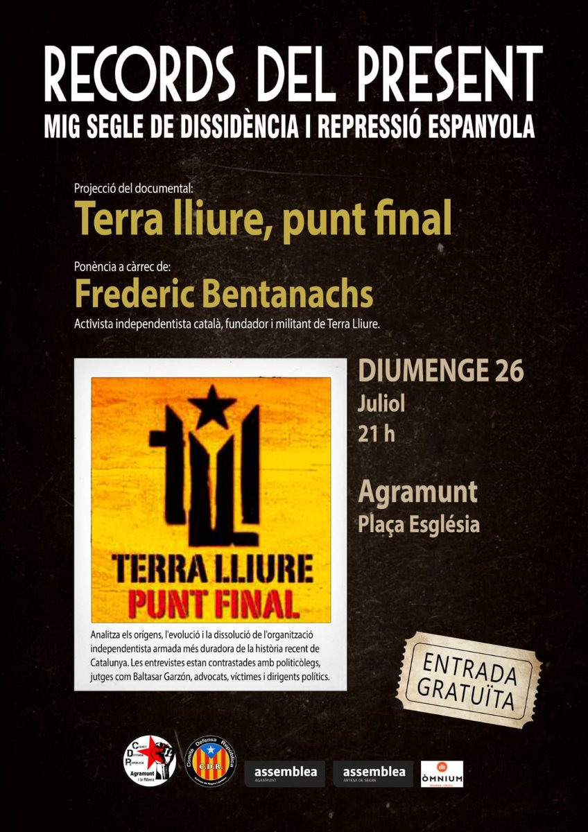 CDR_ArtesaSegre's tweet photo. Continuem amb el #cicledocumental. En aquesta ocasió, visualitzarem "Terra Lliure, punt final" i ens acompanyarà @FrediBentanachs en el debat-tertúlia posterior.
📆Diumenge, 26
🕘 21h
🚩Plaça de l'Església
🏘 Agramunt
Revisem el passat per guanyar el futur! #mantenimlamemòria https://t.co/QTsJMz97dP