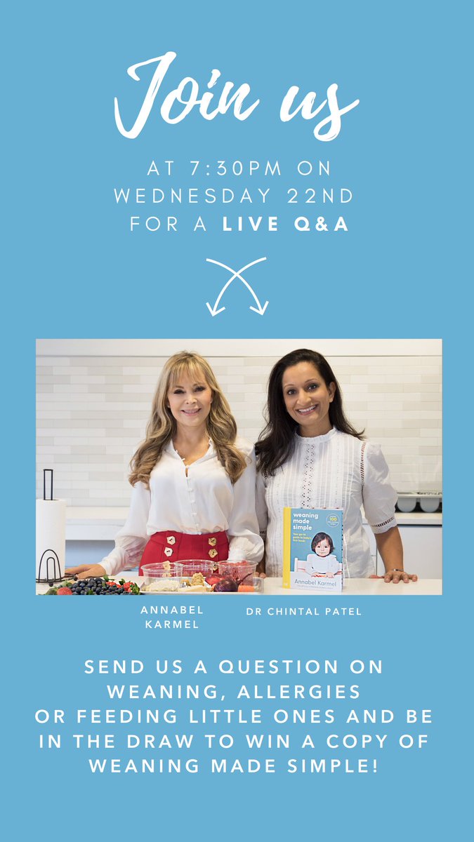 drchintalpatel's tweet photo. Weaning workshop with @annabelkarmel today ... join us on Annabels Instagram page with your questions!
7.30pm BST
Please do share or tag anyone who might like to join us for this FREE workshop
#weaning #weaningworkshop #feedingtoddlers #kidsfood https://t.co/coDrRnXM8o
