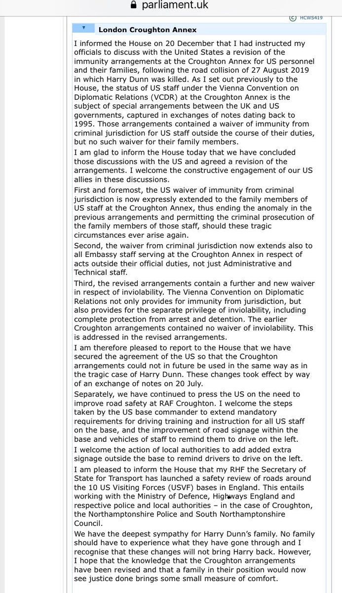 Laura_E_Coffey's tweet photo. The Foreign Secretary Dominic Raab has today announced that in future family members of staff at RAF Croughton can face criminal prosecution. It comes after the family of Harry Dunn, who was killed outside the base last summer, have lobbied the government.Written statement below https://t.co/Q3vb6H0Ml3