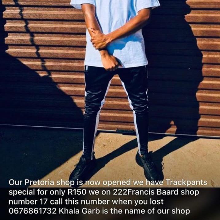 phashake1's tweet photo. Our Pretoria shop is now open. We have trackpants special for R150.

📍222 Francis Baard, Finpark mall shop number 17

Whatsapp or call us for more info 
 ☎️0784123000

Shop name: Khala Gurb #mihlali #SASSA https://t.co/oevTIABRJR