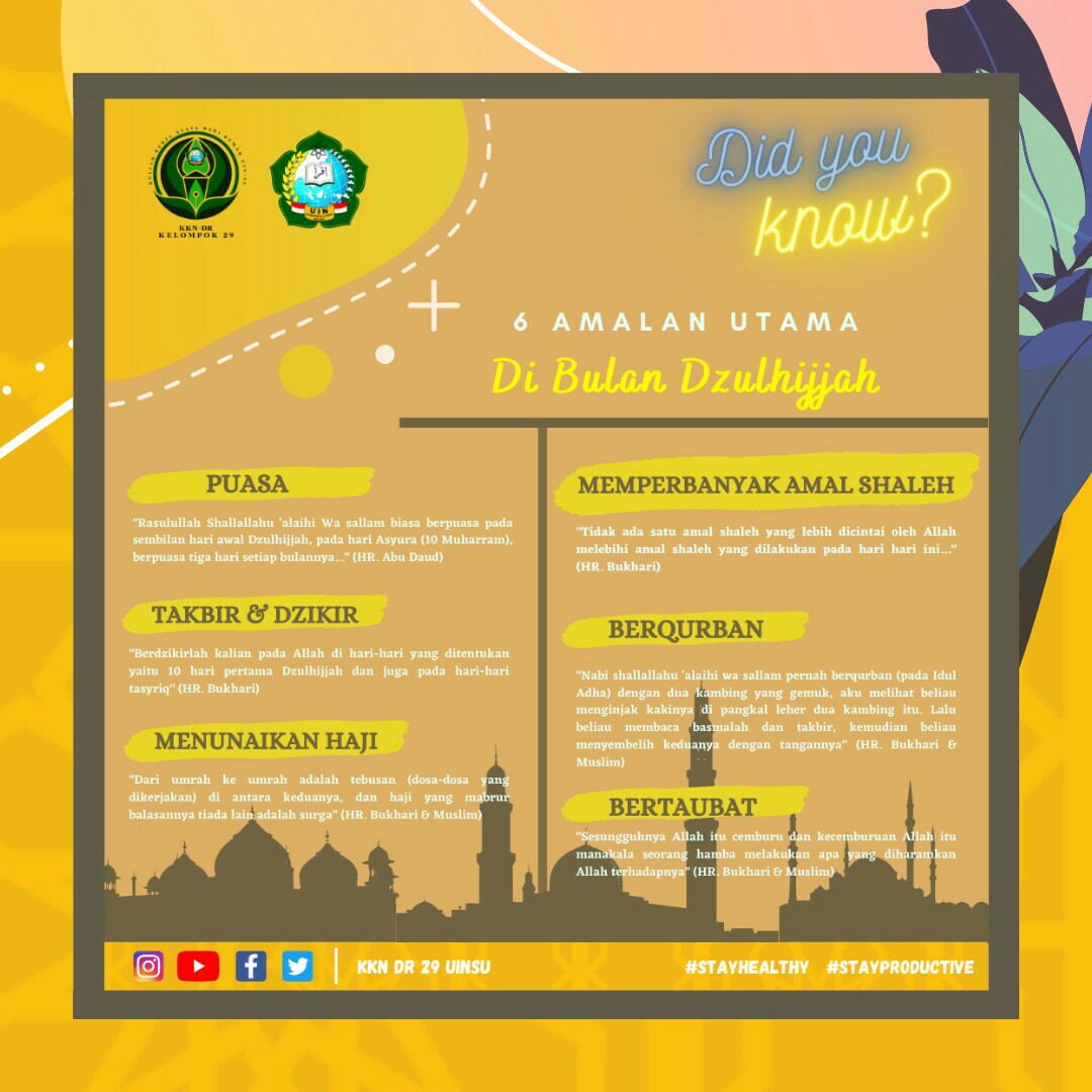 kkn_29's tweet photo. Assalamu'alaikum sobat KKN-DR 29!
Sudah masuk hari kelima nih dan bertepatan juga kita memasuki bulan terakhir ditahun 1441 H ini yakni bulan Dzulhijjah. Yuk samasama perbanyak ibadah kita!

#DAY5 #KKNDRUINSU #KKNDR #NewNormal #StayHealthy #stayproductive https://t.co/UQEzwA21sh