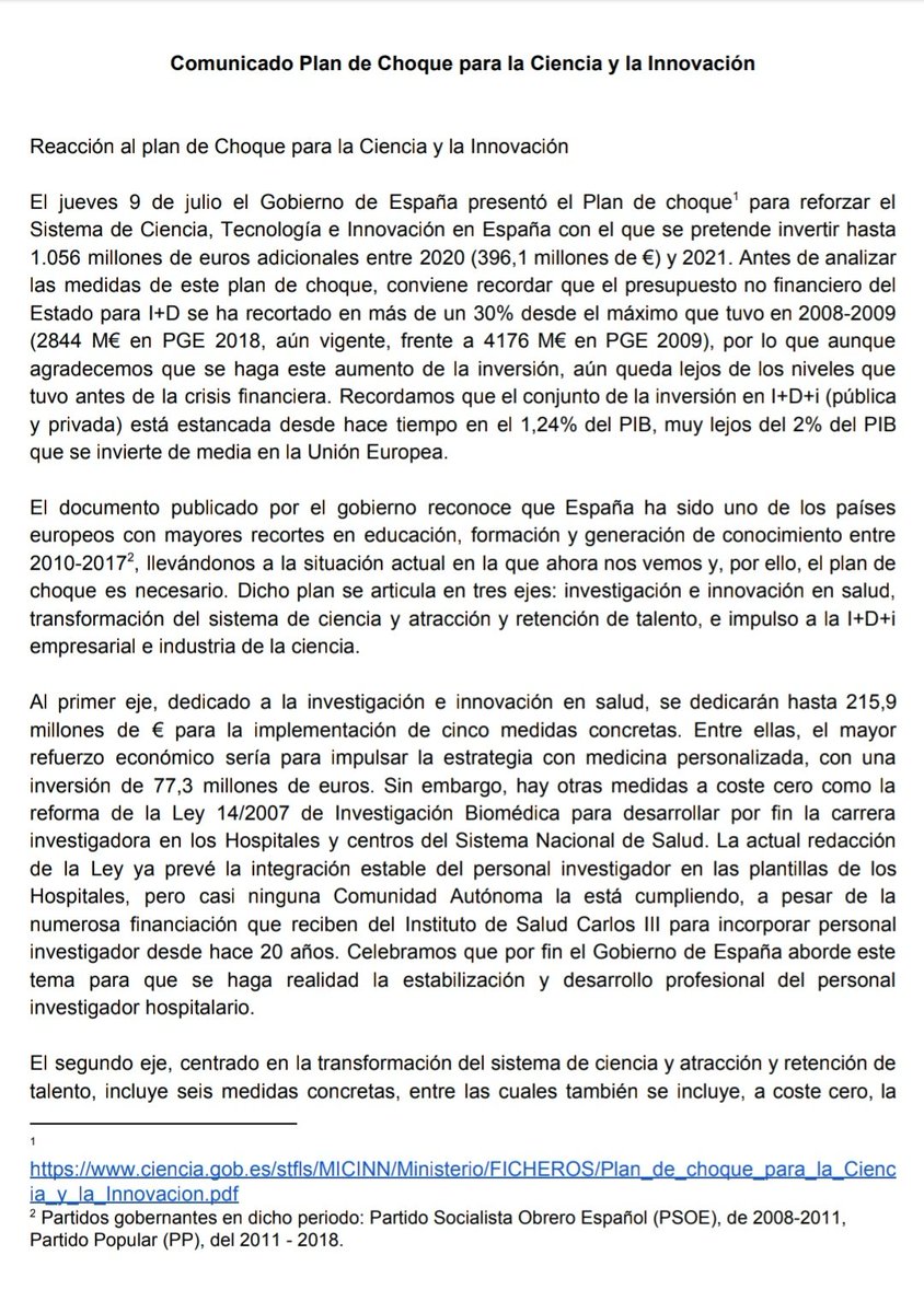 tonnomartinez's tweet photo. El Gobierno ha aprobado un Plan de Choque para la I+D española
Celebramos algunas medidas necesarias, como:

- Completar por fin el modelo de incorporación de investigadores en Hospitales 👏👏

Pero...
Tiene muchas carencias 👇 
#SinCienciaNoHayFuturo https://t.co/1gw1D8bALX