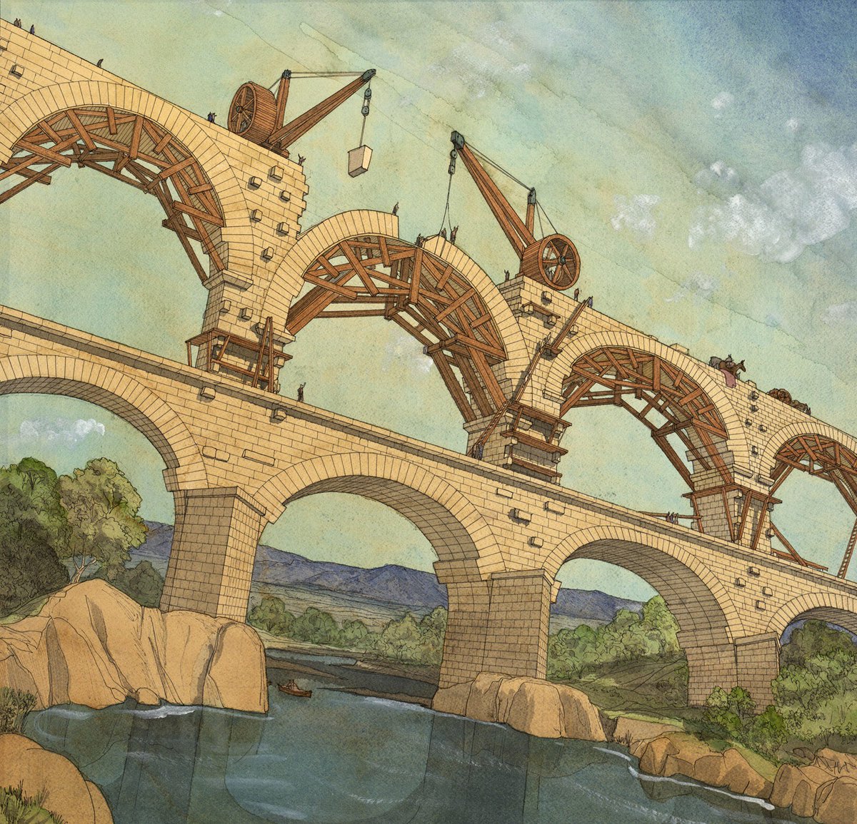 romanhistory1's tweet photo. Jean-Claude Golvin's illustration of the construction of the Pont du Gard aqueduct built to carry water to the Roman colony of Nemausus (Nîmes), 1st c. A.D.. It still stands and we could use the same tech as back then to build a new one today. 

r/t @wrathofgnon https://t.co/3jWR9NbDab
