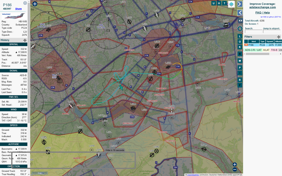 Radar_Assistant's tweet image. MANOEUVRING ALERT : At time Wed Jul 22 11:17:38 2020 #P186     was likely to be manoeuvring at FL184 17nm from BER Bern_NDB_CH
 near 193, 229.8, Kemmeribodenbad, Schangnau, Verwaltung #AvGeek #ADSB tar1090.adsbexchange.com/?icao=4b3997&amp;amp;z…