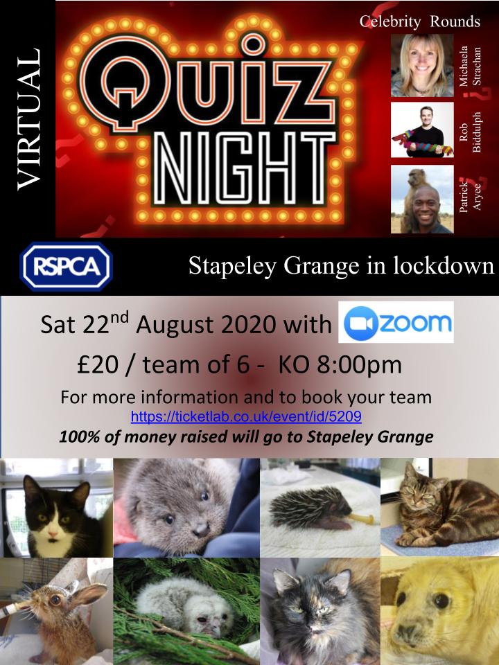 RSPCAStapeley's tweet photo. Virtual Quiz Fundraiser (8pm Saturday 22 August 2020) - PLEASE SHARE and please support RSPCA Stapeley Grange.  It is only with public support that we can continue to do what we do - https://t.co/5kbb8fiWDn @RachRSPCA @RSPCA_official @joynes85 @HerchyBoal @RedShiftRadioUK https://t.co/yjag3x3cUU
