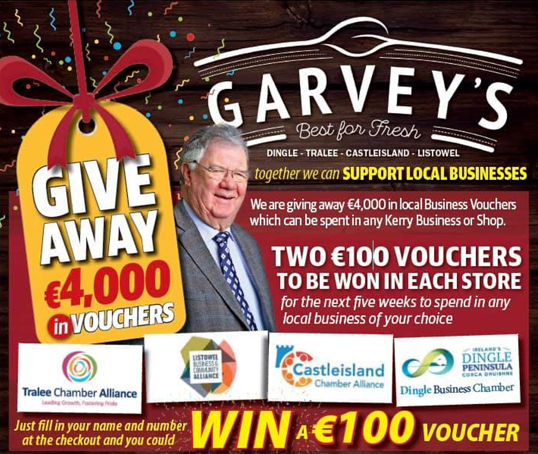 GarveysSV_CI's tweet photo. As the last number of months have been a huge struggle on businesses within our community we at Garvey's SuperValu Castleisland wanted to do something to support them. We're giving away €1000 worth of vouchers from local business over the next 5 weeks. Enter instore🤞 #shoplocal https://t.co/1R1ic1xW17