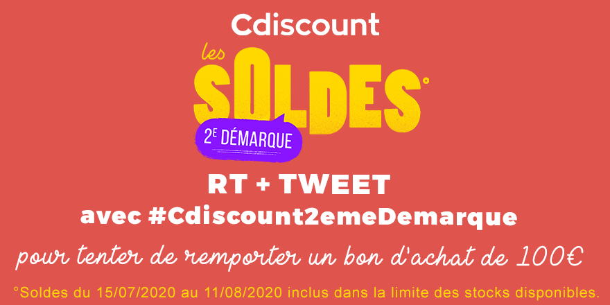 Cdiscount's tweet photo. 🎁 #Concours 

🔥 C'est la deuxième démarque des #CdiscountSoldes
 : 3 bons d'achat de 100€ à gagner

Pour tenter d'en remporter un : 
🔸 RT ce tweet
🔹 Tweet avec #Cdiscount2emeDemarque

⏰ TAS 24/07 https://t.co/t5HDiJ6EFp