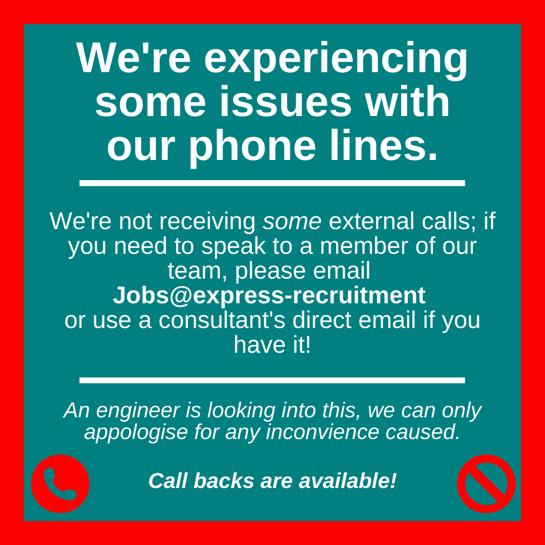 expressrecruit1's tweet photo. Apologies for any inconvenience caused. Contact us on Jobs@express-recruitment.co.uk https://t.co/4tDD9stoAE