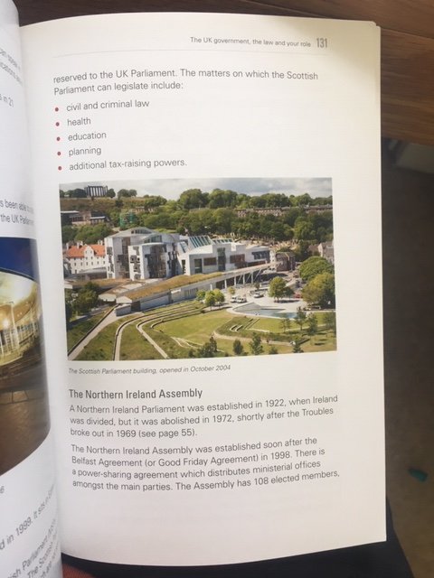In the gov&law section there’s a short paragraph on the N. Ireland Assembly which is disconnected from the history of how it was created. Cf. the troubles in p. 55.