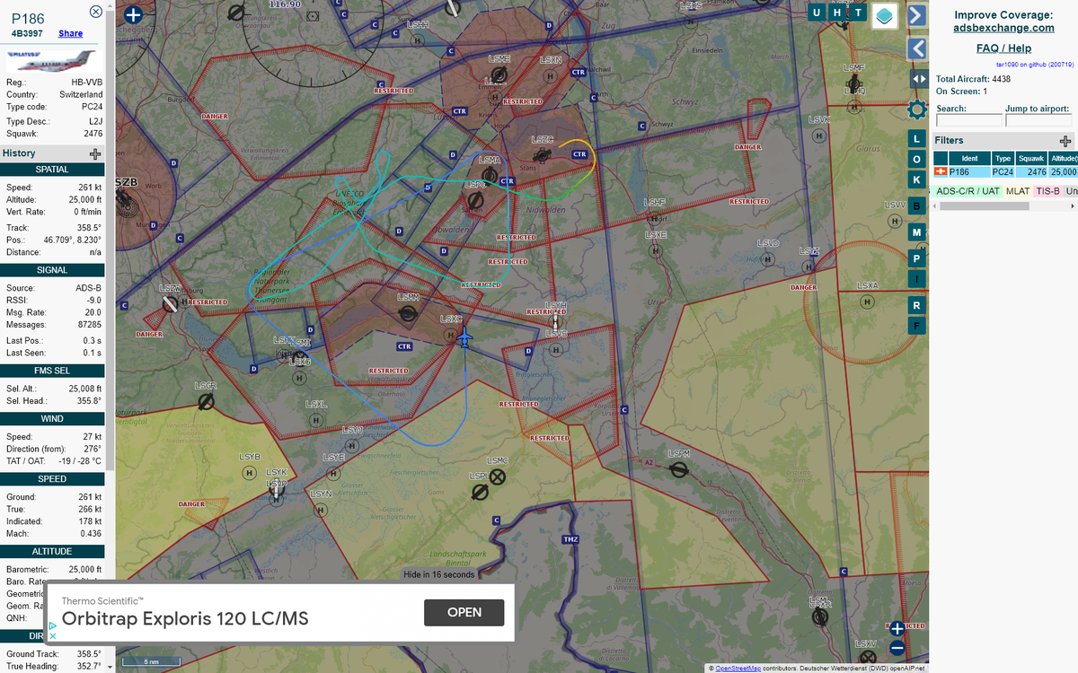 Radar_Assistant's tweet image. MANOEUVRING ALERT : At time Wed Jul 22 11:31:39 2020 #P186     was likely to be manoeuvring at FL252 17nm from WIL Willisau_VOR-DME_CH
 near Glaubenbergpassstrasse, Vorderrotbach, Entlebuch,  #AvGeek #ADSB tar1090.adsbexchange.com/?icao=4b3997&amp;amp;z…