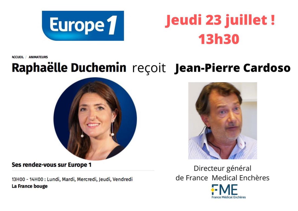 FrMedEncheres's tweet photo. Un entretien d’enquête sur notre activité demain dans l’émission La France Bouge! A ne pas rater ! #medical #equipement @Europe1 @DucheminRapha https://t.co/DZNedWKABg