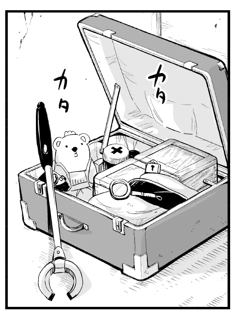 ぽんこつポン子 3話。  メイド7つ道具が詰め込まれたキャリングケース。クマのぬいぐるみは、子機としてポン子が遠隔操作できるって話を描こうと思ってたけど描けてません 