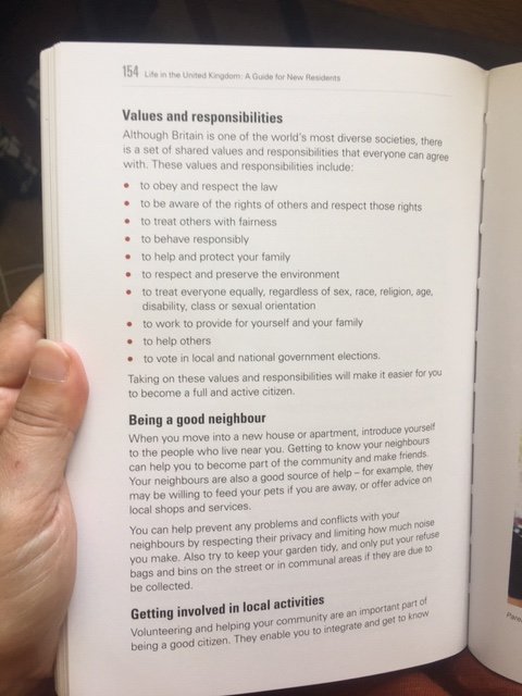 Participation in community life appears in various sections as an important part of British life. In the section on the gov&law there’s several pages devoted for it which include: “being a good neighbor” (pls limit how much noise you make) or “helping in schools” (see image)