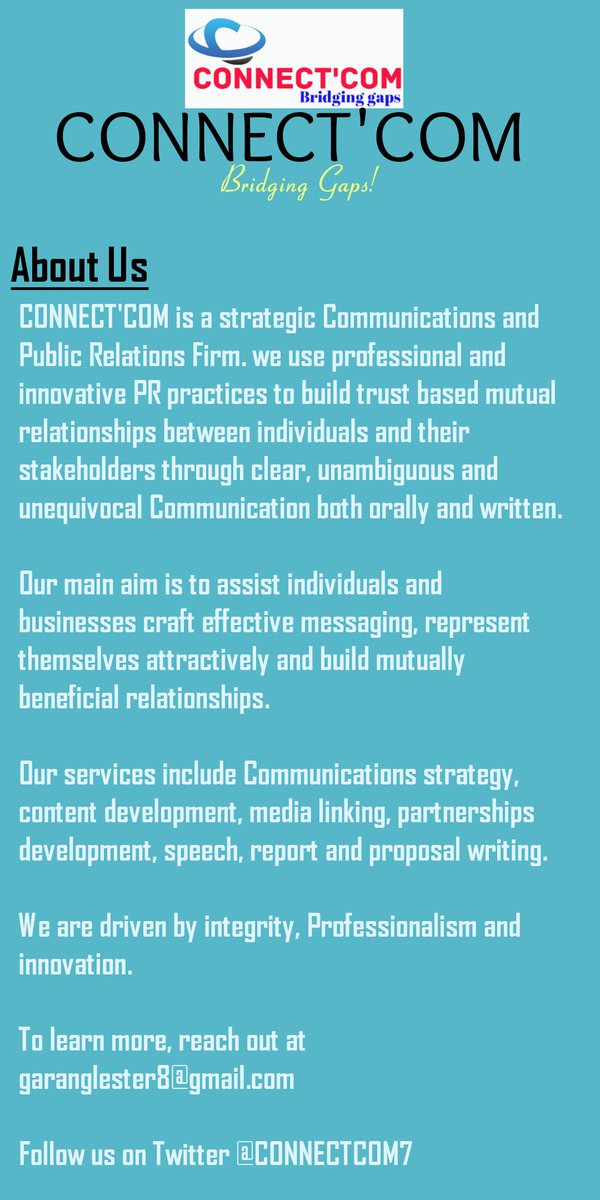 CONNECTCOM7's tweet photo. Communication is an imperative component of building strong lasting relationships. You are as good as what you say you are.
The world is continuously becoming a global village and public relation is increasingly becoming pivotal.
@garang_lester https://t.co/oNujfUl8MP