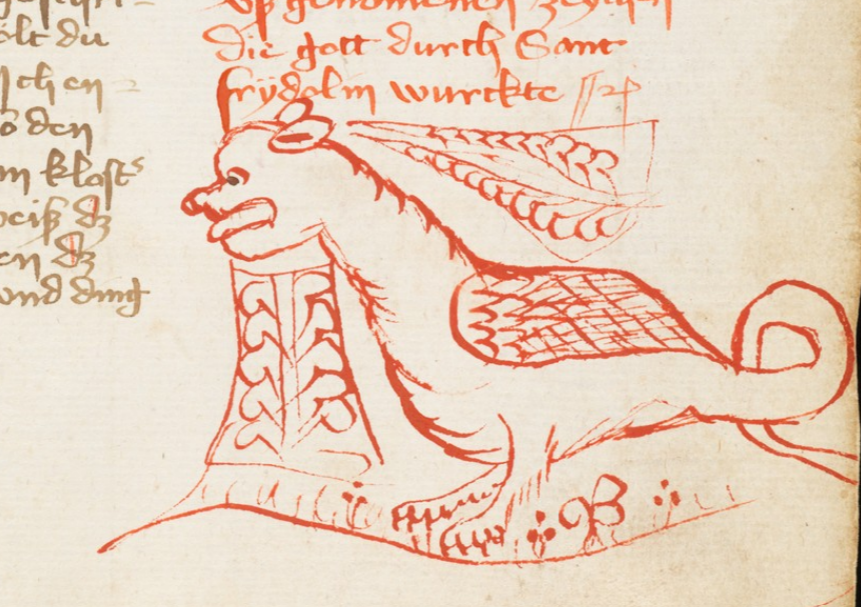 Little buddy is trying his best.(St. Gallen, Stiftsbibliothek - Cod. Sang. 598 – Vitaspatrum, German. Life of Saint Meinrad - p. 528)