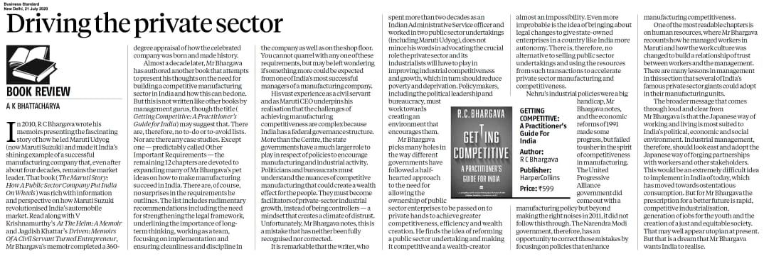 krishnDG's tweet image. In the @bsindia, #AKBhattacharya on the many lessons that can be drawn from #GettingCompetitive by #RCBhargava @HCIBusiness @HarperCollinsIN