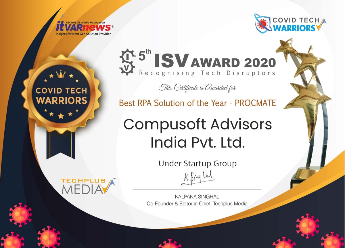 CompusoftAdvise's tweet image. #COVIDTECHWARRIORS

&quot;Best RPA Solution of the Year - #ProcMATE : AI powered process automation (BOT) platform.

Thanks #TechPlusMedia for recognizing @CompusoftAdvise 

#rpasolution #roboticprocessautomation #rpasoftware #aibasedprocessautomation
