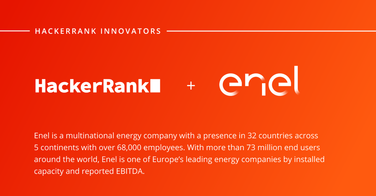 hackerrank's tweet photo. We're delighted to feature @EnelGroup as a HackerRank Innovator. Rachel Bennett and the team at Enel have been consistently leveraging data as evidence to maintain and scale their hiring bar. Congratulations Enel Group! 😀 

#HackerRankInnovator #HackerRankInnovators https://t.co/I1dN9T0fUD