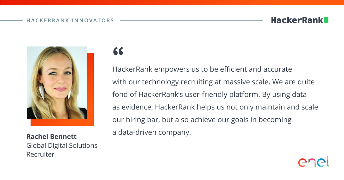 hackerrank's tweet photo. We're delighted to feature @EnelGroup as a HackerRank Innovator. Rachel Bennett and the team at Enel have been consistently leveraging data as evidence to maintain and scale their hiring bar. Congratulations Enel Group! 😀 

#HackerRankInnovator #HackerRankInnovators https://t.co/I1dN9T0fUD