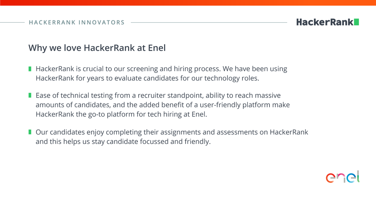 hackerrank's tweet photo. We're delighted to feature @EnelGroup as a HackerRank Innovator. Rachel Bennett and the team at Enel have been consistently leveraging data as evidence to maintain and scale their hiring bar. Congratulations Enel Group! 😀 

#HackerRankInnovator #HackerRankInnovators https://t.co/I1dN9T0fUD