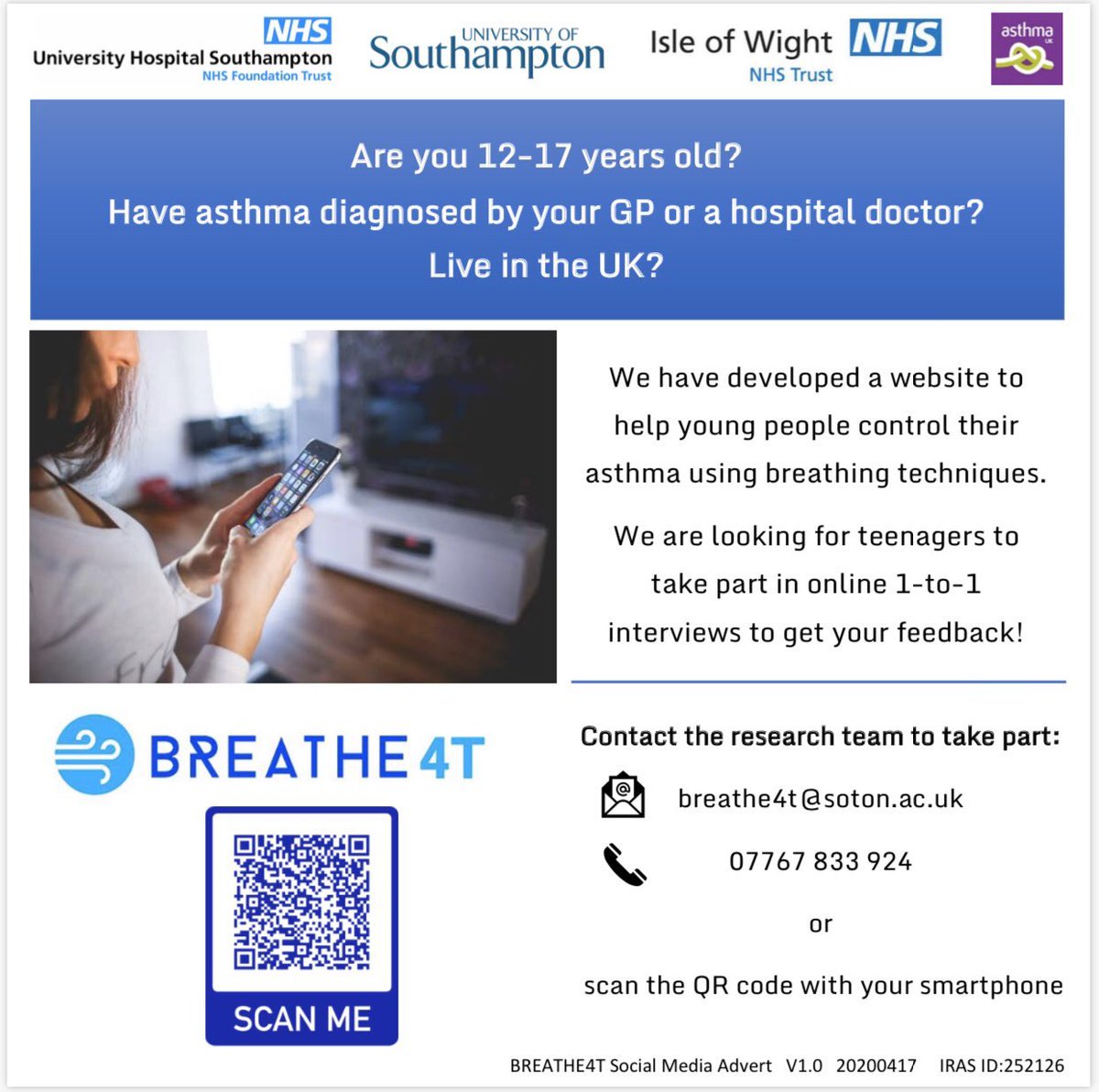 Breathe4T Study (@breathe4t) on Twitter photo Know a teenager with asthma that might be interested in an online interview to give feedback on our new asthma website? See our advert below or contact the study team: breathe4t@soton.ac.uk #asthma #teenager #research Know a teenager with asthma that might be interested in an online interview to give feedback on our new asthma website? See our advert below or contact the study team: breathe4t@soton.ac.uk #asthma #teenager #research