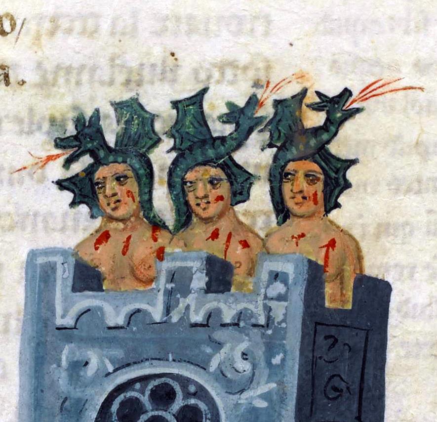 These little babies are pretending to be hats!(BL, MS Egerton 943, f. 17r)
