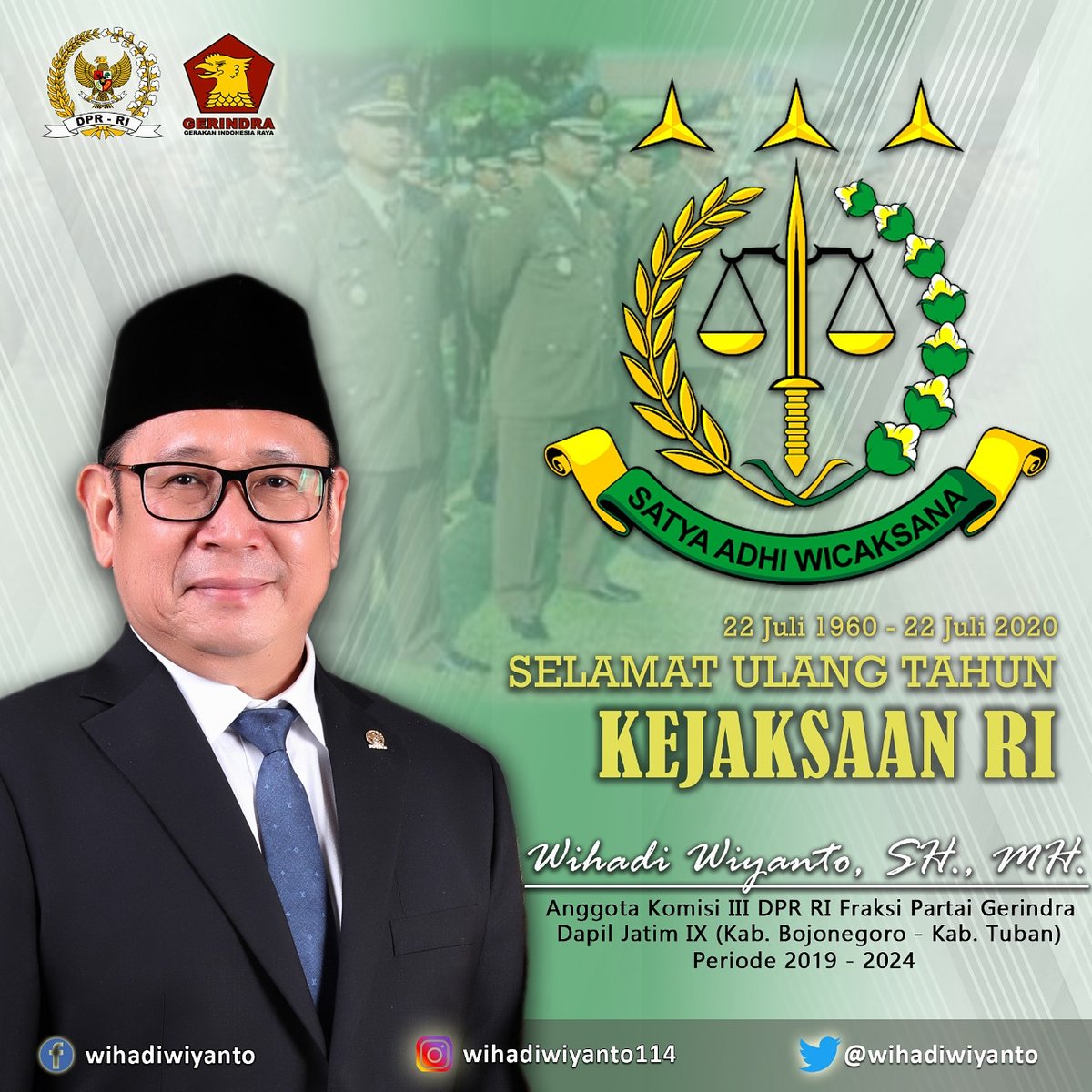 Selamat Hari Bhakti Adiyaksa 22 Juli 1960 - 22 Juli 2020 (60th).

"Semoga Kejaksaan Republik Indonesia  menjadi lebih baik lagi serta  semakin dicintai masyarakat".

<a href="/KejaksaanRI/">Kejaksaan RI</a>