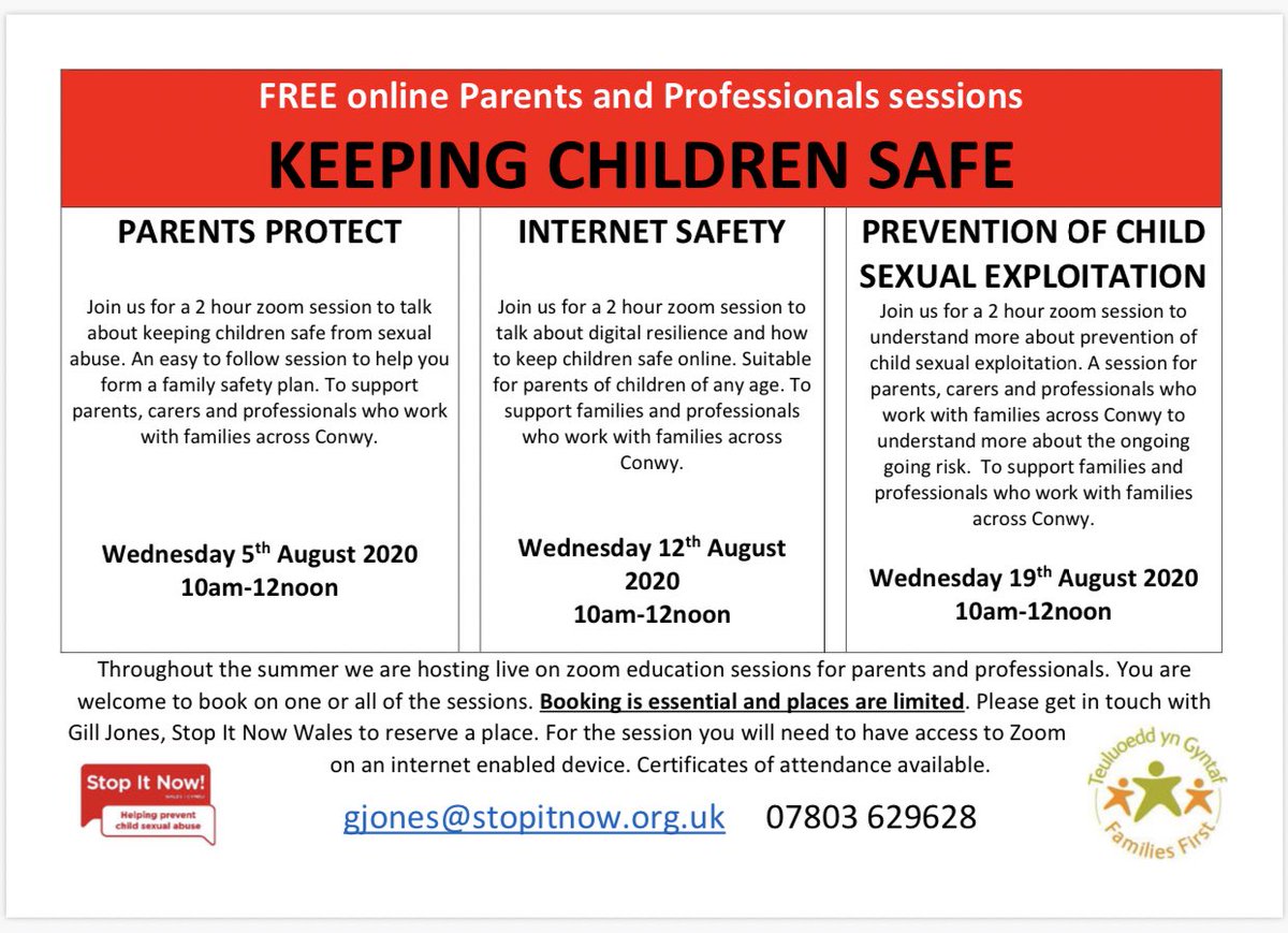 FREE online internet safety classes for parents via @zoom_us from @StopItNowWales and <a href="/ConwyCBC/">Conwy Council</a> <a href="/DenbighshireCC/">DenbighshireCC</a> . Booking is essential. #FamiliesFirst #KeepingChildrenSafe #Safeguarding #OnlineSafety #ESafety #Wales