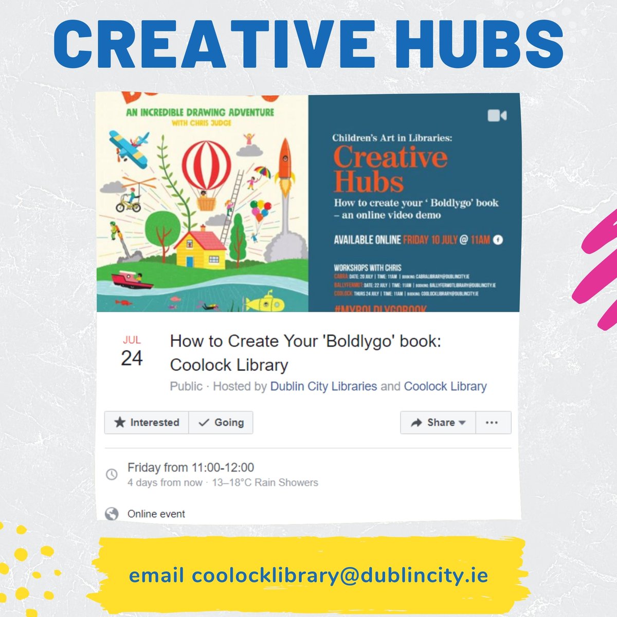 dubcilib's tweet photo. Do you have kids at home who love to dance and draw? Book a place on one of these fantastic free online workshops!

There are 4 online Creative Hub events happening this week; simply email the respective Creative Hub library to book a place! @LabDCC 
https://t.co/8mTS3SO73e https://t.co/M7jUkRLmmn