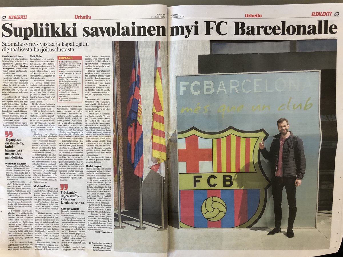 kuuluvainen's tweet image. Jos kiinnostelee miten meillä @coplaysio menee mm. FC Barcelonan kanssa, niin eilinen @iltalehti_fi kertoo kuulumisia. Kovaa oppia tarjonnut tämäkin matka , mutta katse on edelleen tiukasti eteenpäin. #SportTech #StartUp 
(Ping @klopalcom @MarkusKauppinen)