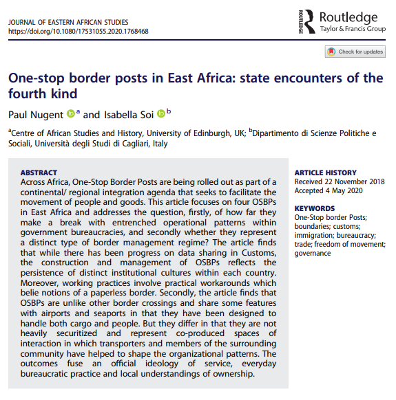Next,  @GeorgeNugybaby &  @IsabS25 examine 'one-stop border posts' on the  #Kenya/ #Uganda and Uganda/ #Rwanda frontiers to unpack cross-country differences in bureaucratic culture, as well as the navigation of less securitised cargo/person transit points.  https://doi.org/10.1080/17531055.2020.1768468