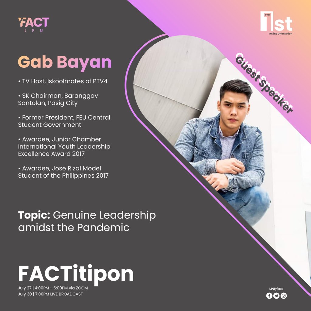 LPUyfact's tweet photo. We, the YFACT LPU proudly introduce you our resource speaker for "FACTitipon: Online Committee Orientation, Mr. Gab Bayan.

His full commitment and devotion in leading the youth while gaining multiple awards for his excellence and being a role model in supporting https://t.co/Gco1dno0cr
